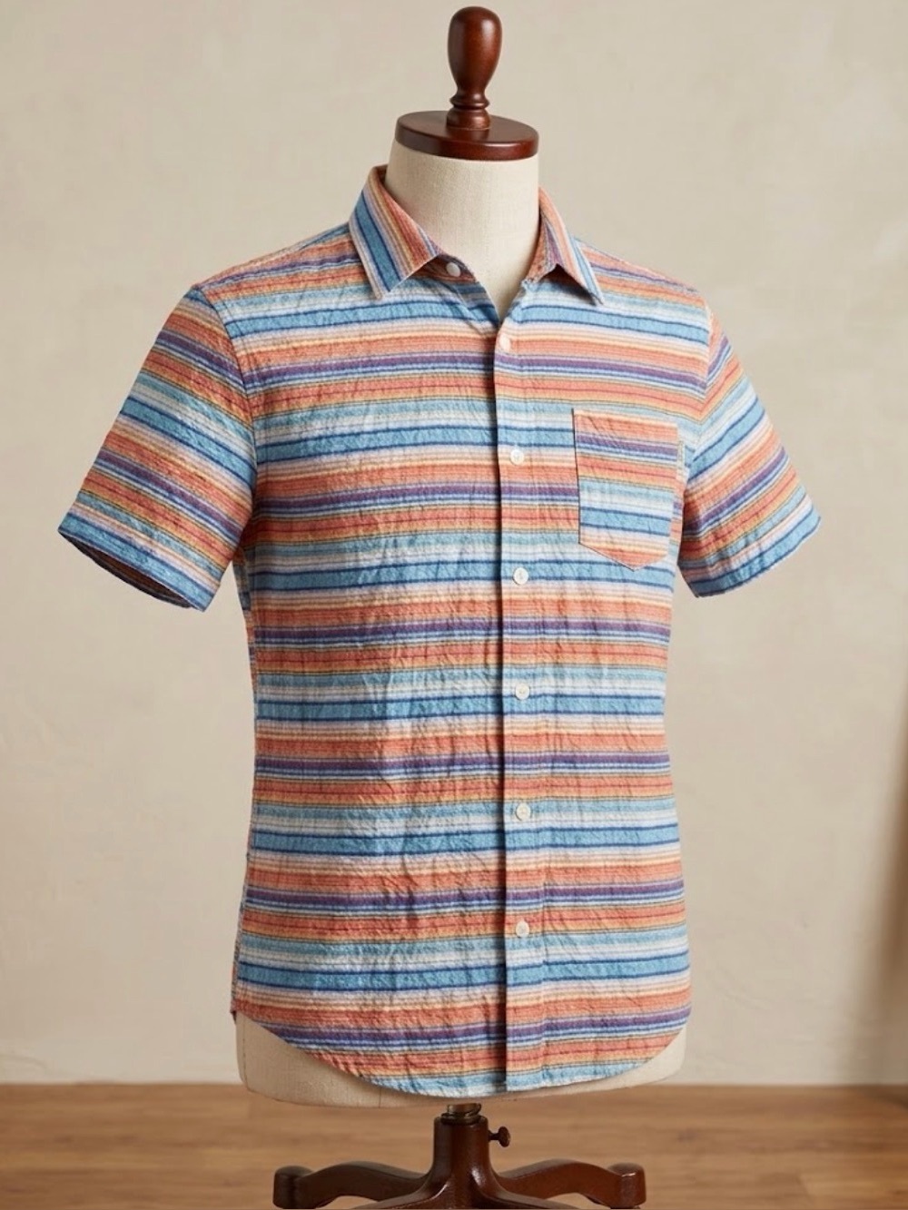 Salty Weekend Multicolor Striped Crinkle Seersucker Button Up Shirt M Festival